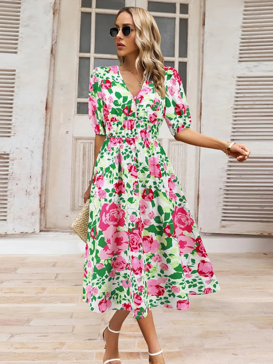 Ruched Printed Surplice Short Sleeve Dress Pink Easy Apparels