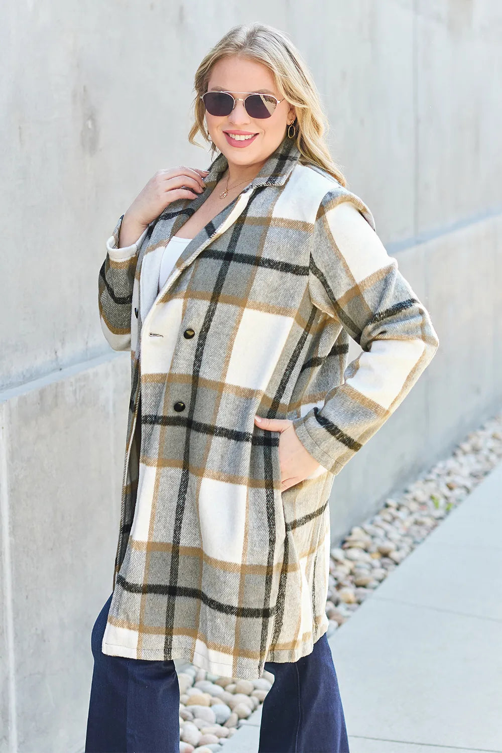 Double Take Full Size Plaid Button Up Lapel Collar Coat Easy Apparels
