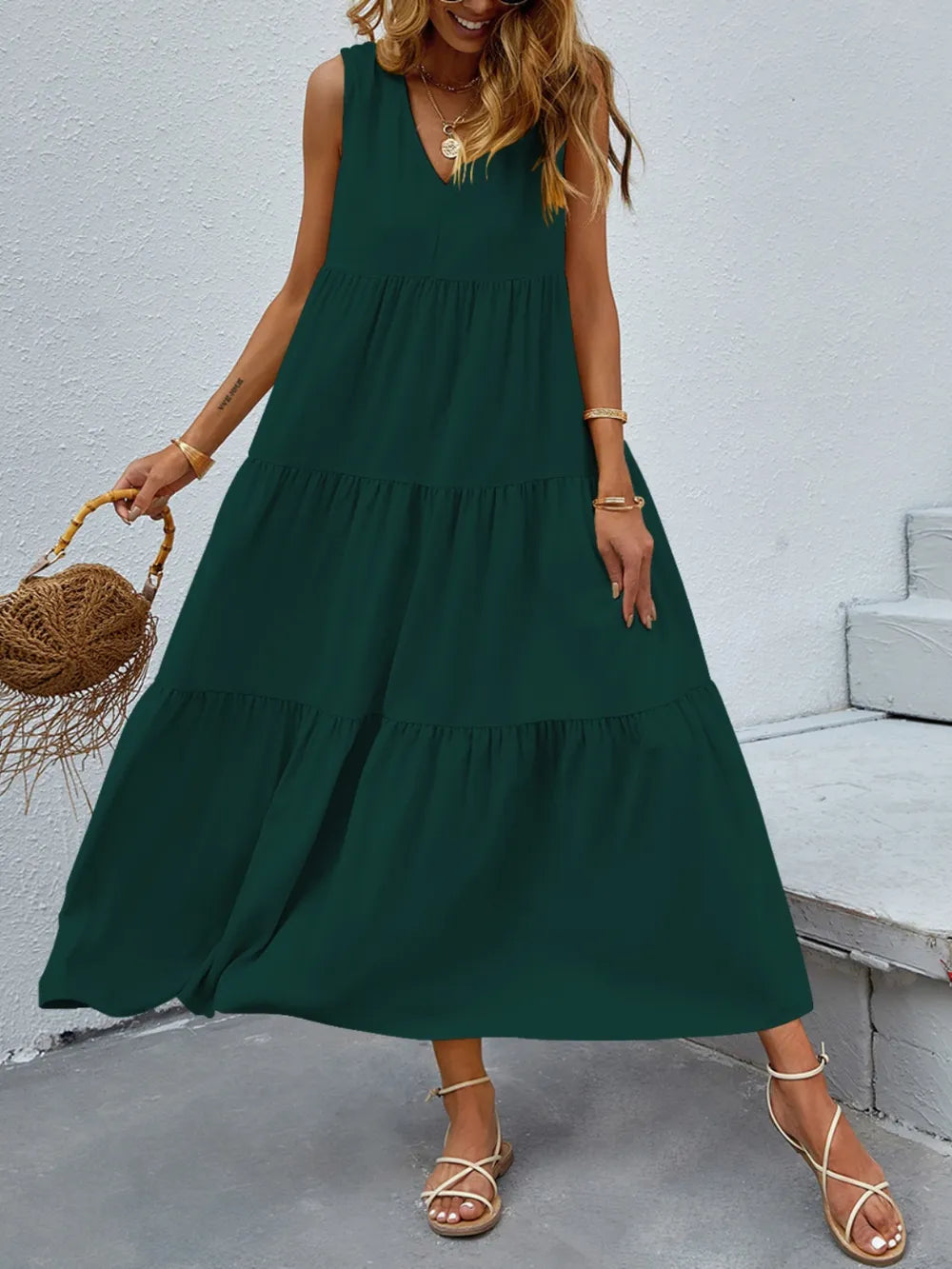 FAM-FAM Tiered V-Neck Sleeveless Dress Dark Green Easy Apparels