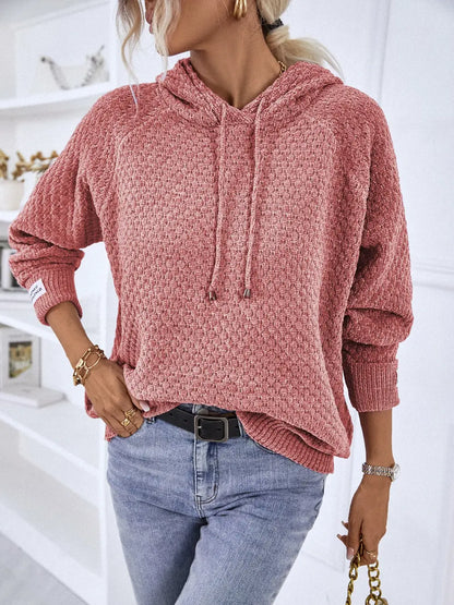 Texture Drawstring Long Sleeve Hooded Sweater Burnt Coral Easy Apparels