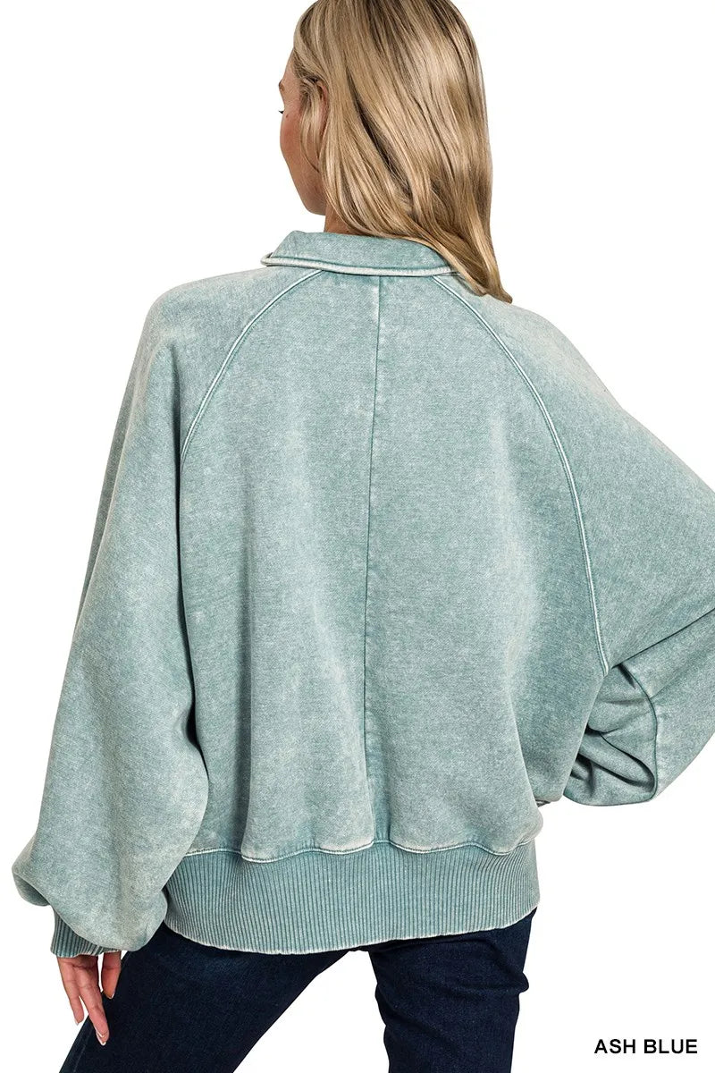 Trendsi Zenana Acid Wash Fleece Collared Sweatshirt