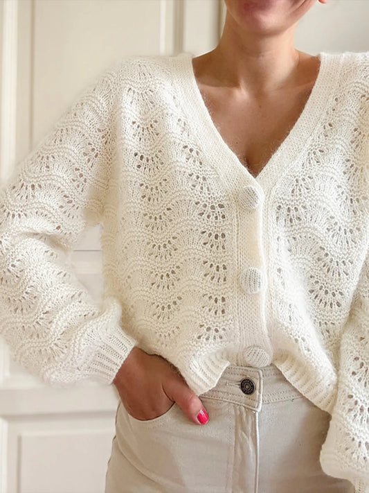 Openwork V-Neck Button Down Cardigan Ivory Easy Apparels