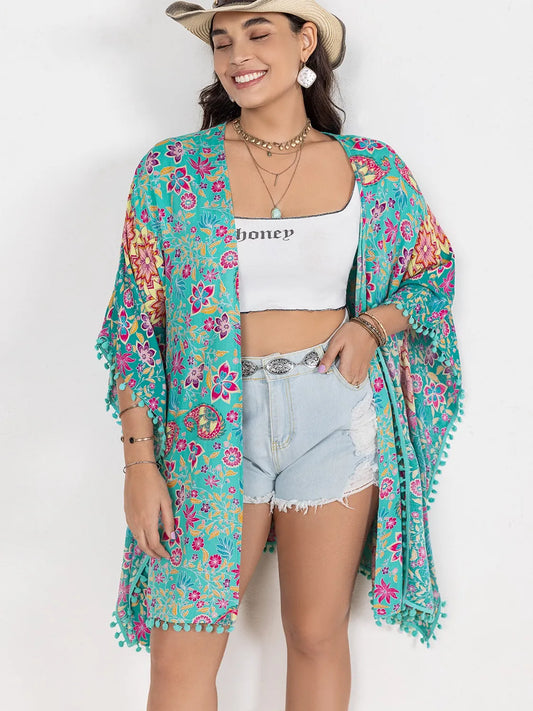 Plus Size Printed Open Front Cover-Up Turquoise Easy Apparels