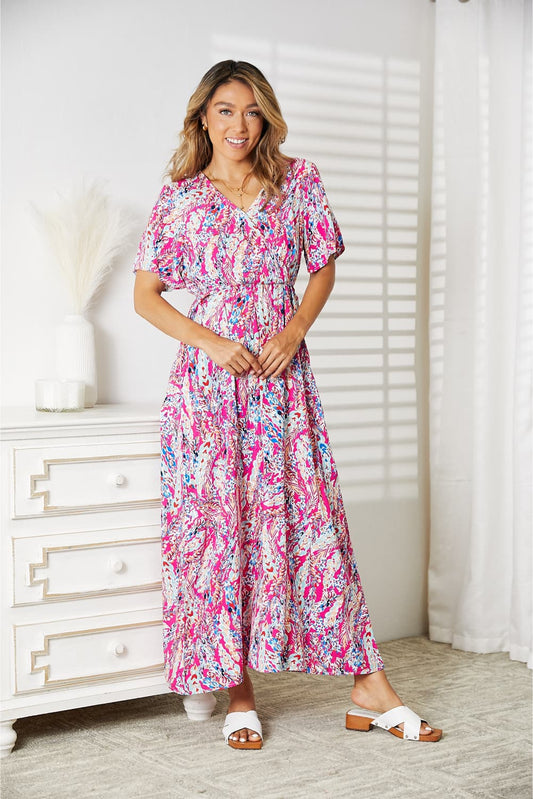 Double Take Multicolored V-Neck Maxi Dress Hot Pink Easy Apparels
