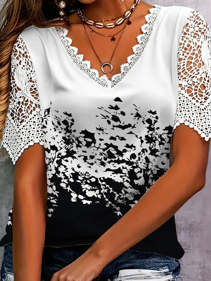 Trendsi Full Size Printed Lace Sleeve V-Neck T-Shirt Plus Size Black