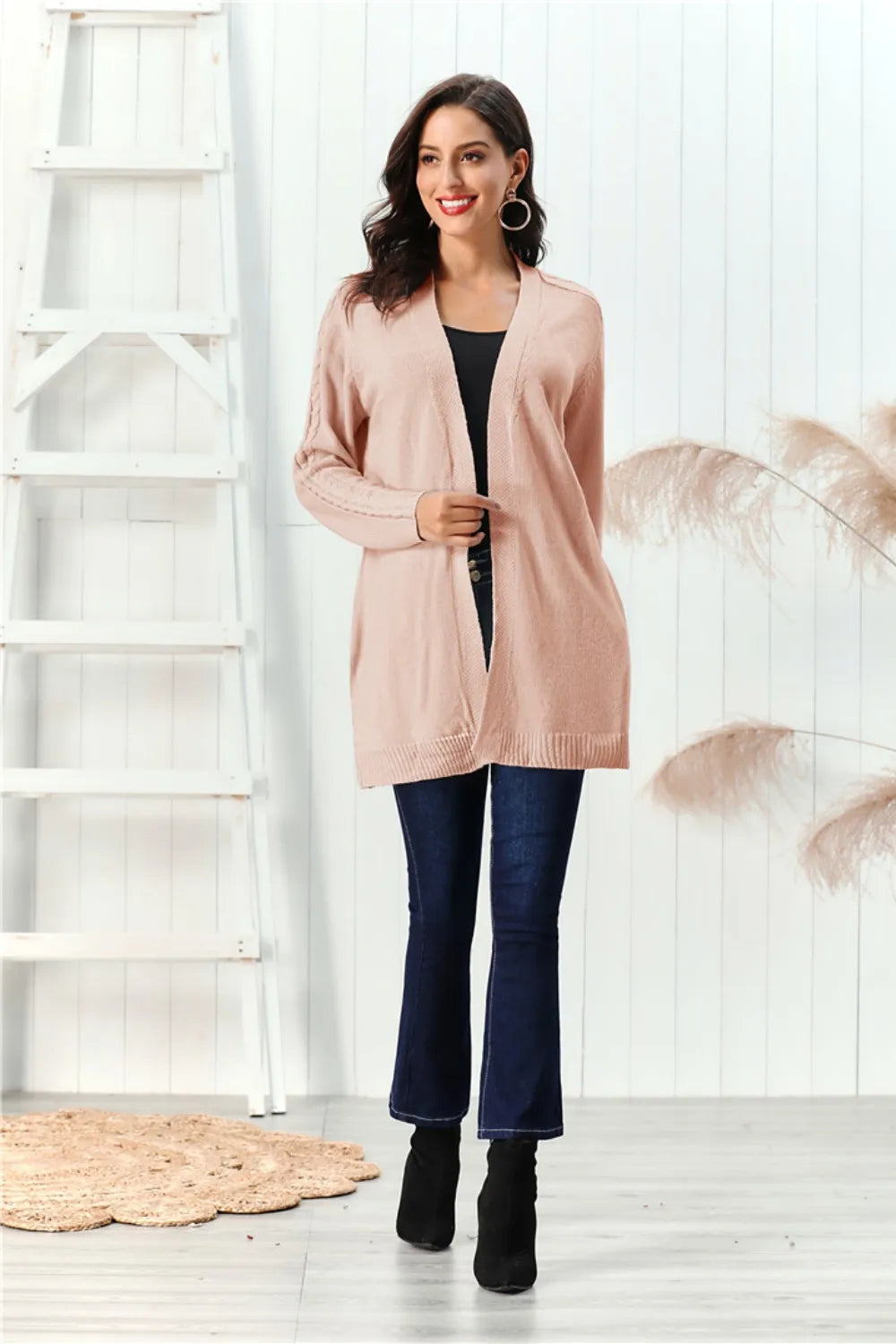 Cable-Knit Open Front Long Sleeve Cardigan Easy Apparels