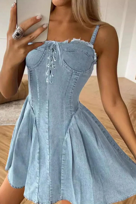 Lace Up Denim Cami Dress Light Blue Easy Apparels