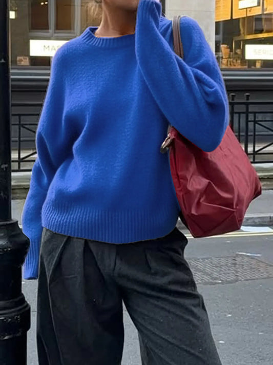 Trendsi Ribbed Crewneck Drop Shoulder Sweater Blue