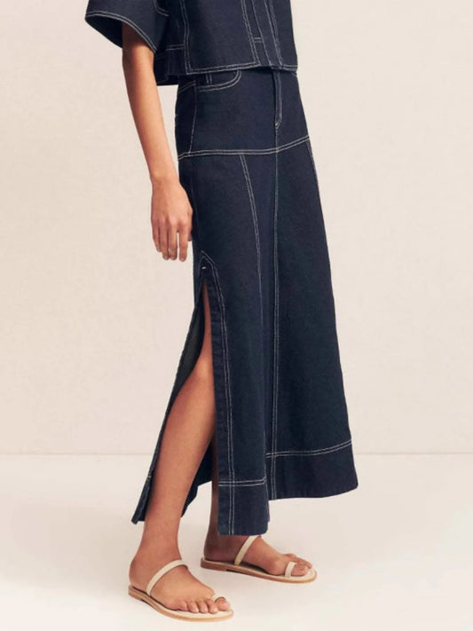 High-Waist Side Slit Contrast Stitch Denim Maxi Skirt Dark Easy Apparels