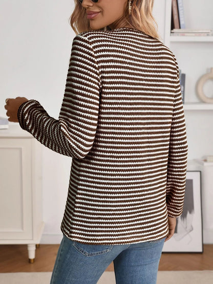 Trendsi Striped Button Detail Long Sleeve Top
