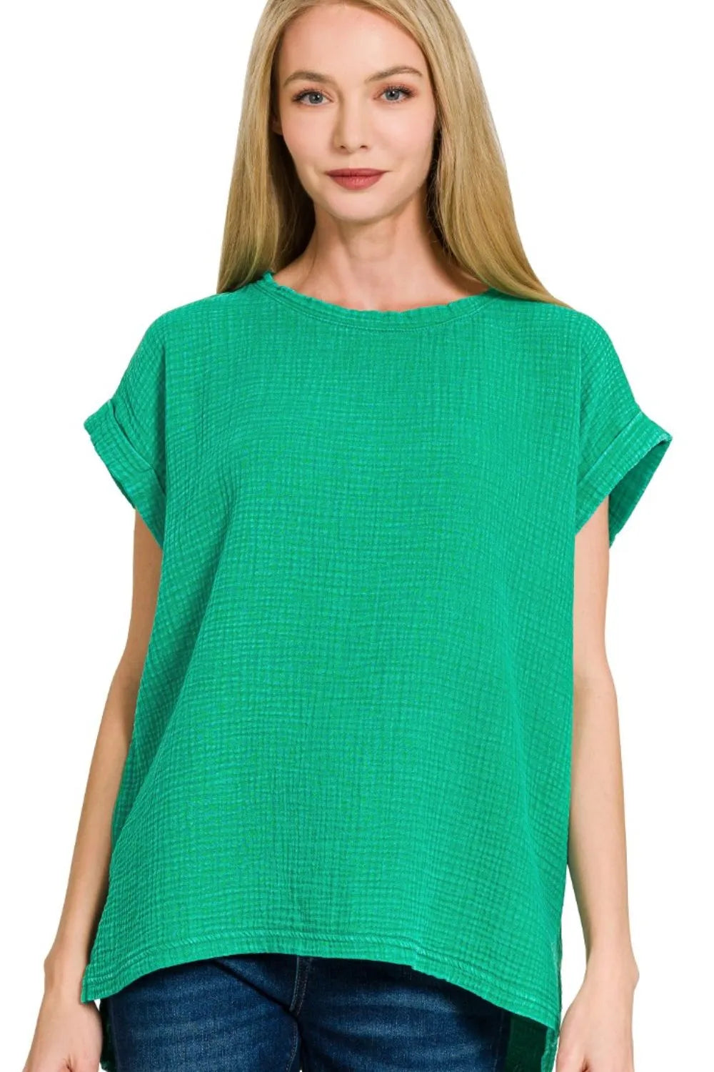 Trendsi Zenana Woven Double Gauze Acid Washed Short Sleeve Top