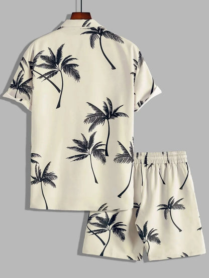 Men's Full Size Palm Print Button Up Shirt and Shorts Set Plus Size Easy Apparels