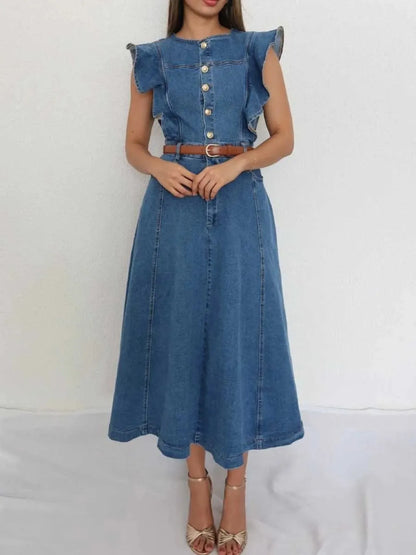 Button-Front Ruffle Sleeve Denim Midi Dress Easy Apparels
