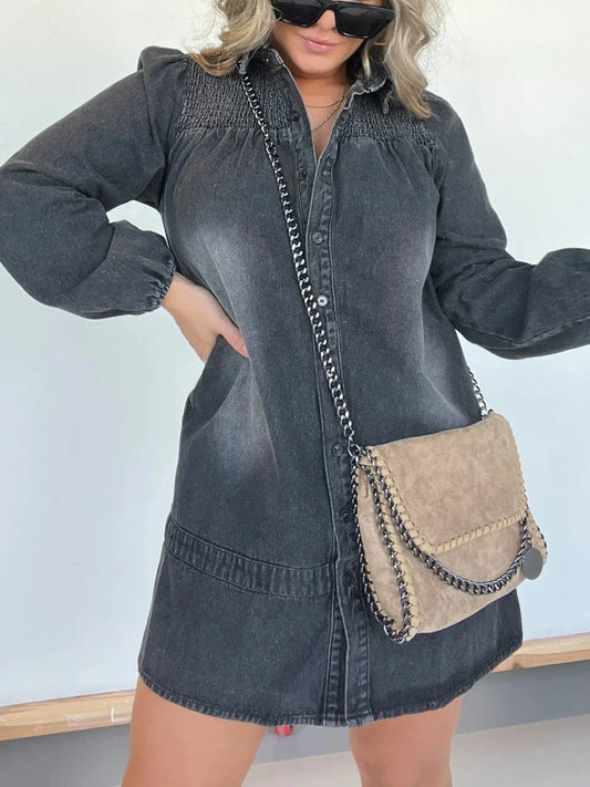 Full Size Button Front Long Sleeve Denim Dress Plus Size Washed Black Easy Apparels