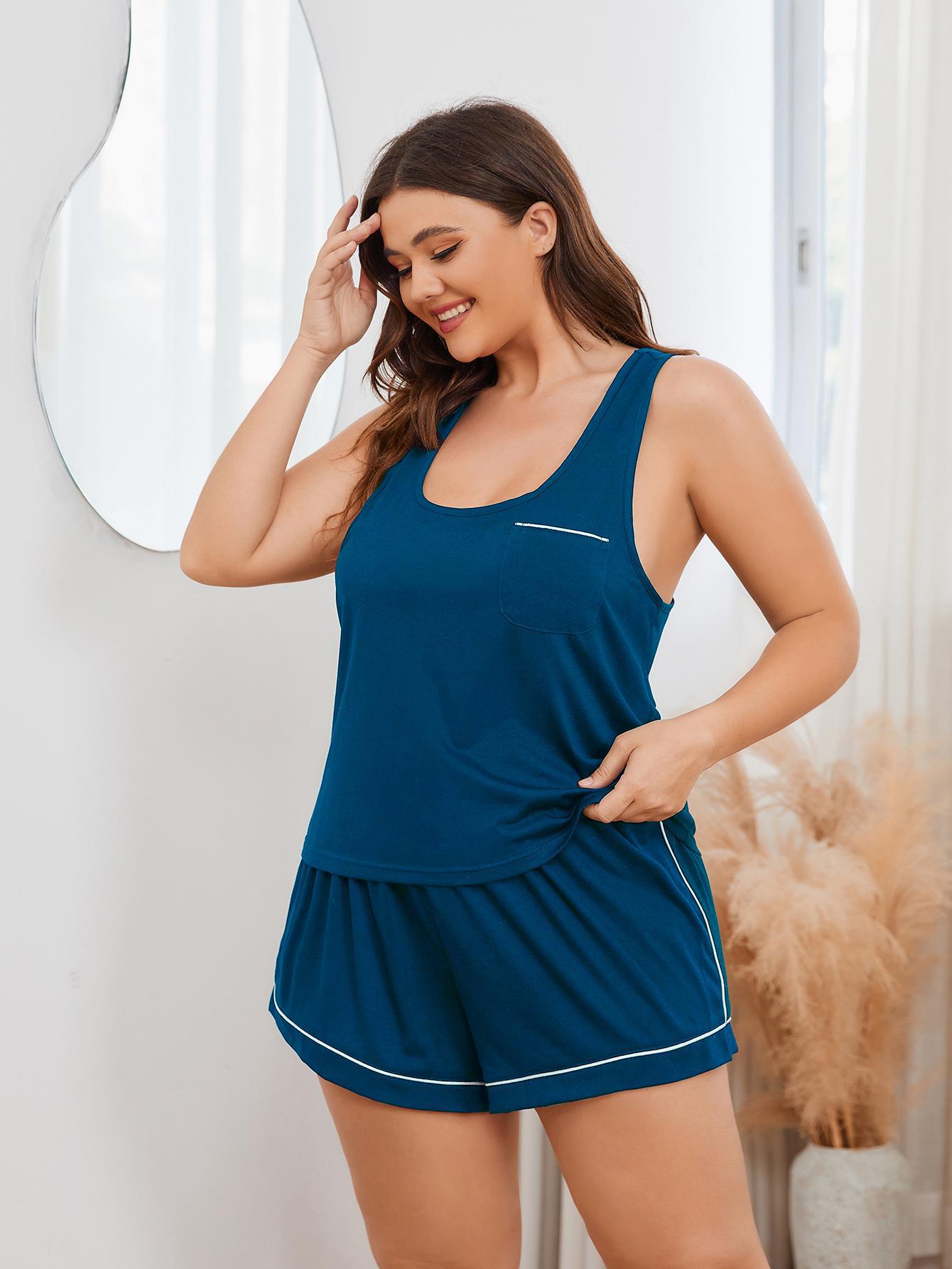 Plus Size Contrast Piping Racerback Tank and Shorts Lounge Set Easy Apparels