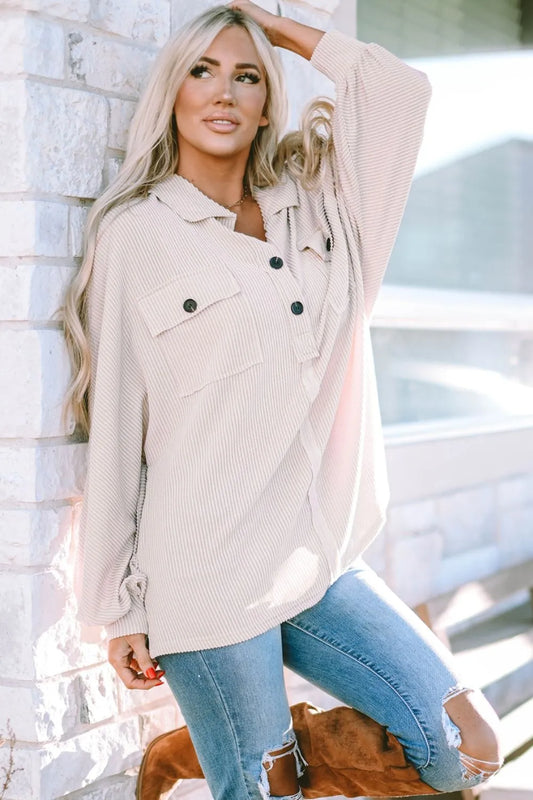 Trendsi Collared Neck Half Button Long Sleeve Blouse