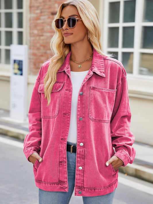 Button Up Denim Jacket with Pockets Hot Pink Easy Apparels
