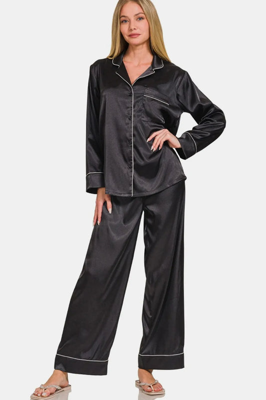 Zenana Satin Long Sleeve Shirt and Pants Pajama Set Black Easy Apparels