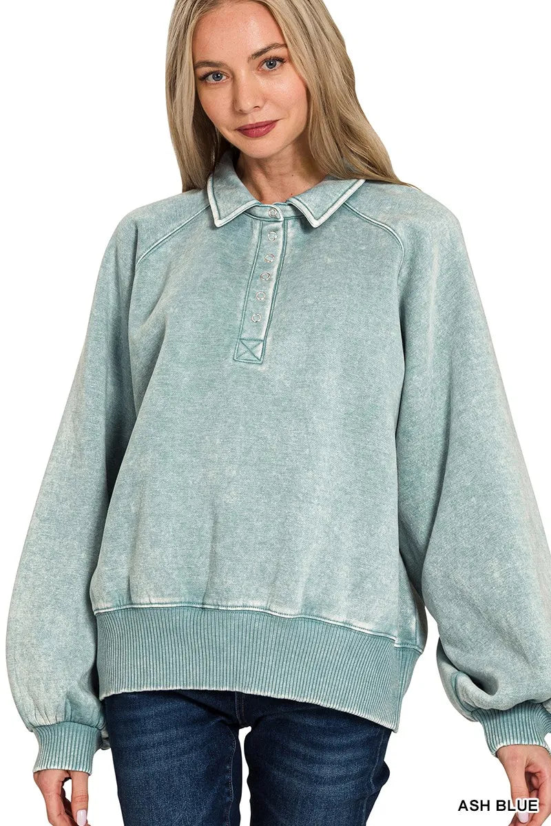 Trendsi Zenana Acid Wash Fleece Collared Sweatshirt