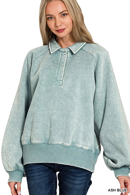 Trendsi Zenana Acid Wash Fleece Collared Sweatshirt