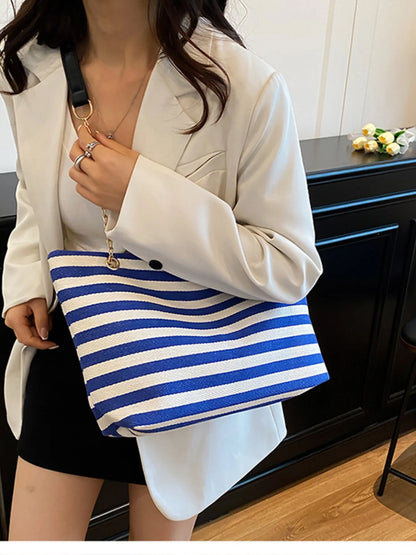 Striped Shoulder Bag with Chain Detail Blue One Size Easy Apparels