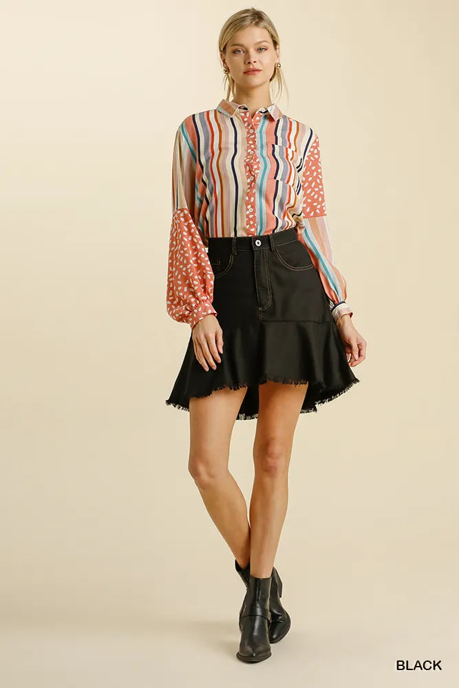 Umgee Linen Blend 5 Pockets High Low Skirt with Frayed Hem Easy Apparels