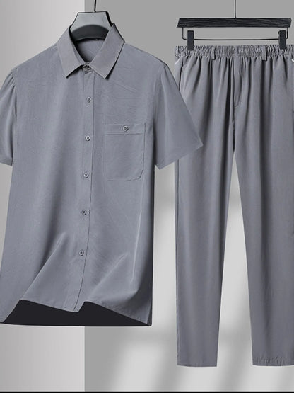 Men's Plus Size Button Up Short Sleeve Shirt and Pants Set Gray Easy Apparels