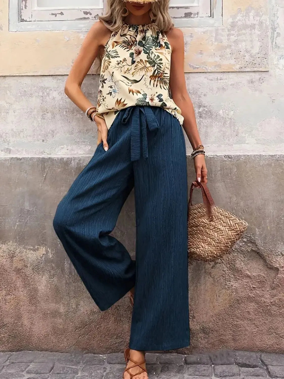 Printed Tank Top and Wide Leg Pants Set Easy Apparels