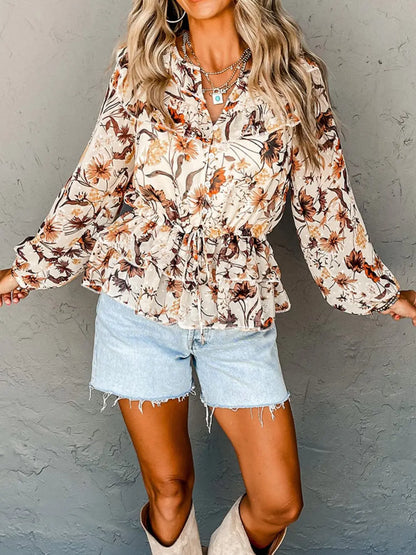 Trendsi Drawstring Floral Lantern Sleeve Blouse Multicolor