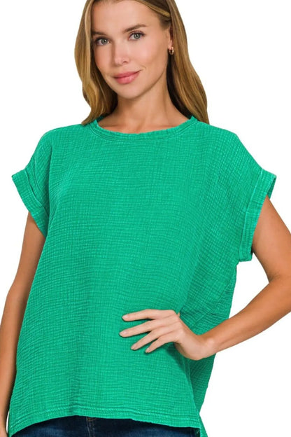 Trendsi Zenana Woven Double Gauze Acid Washed Short Sleeve Top K GREEN