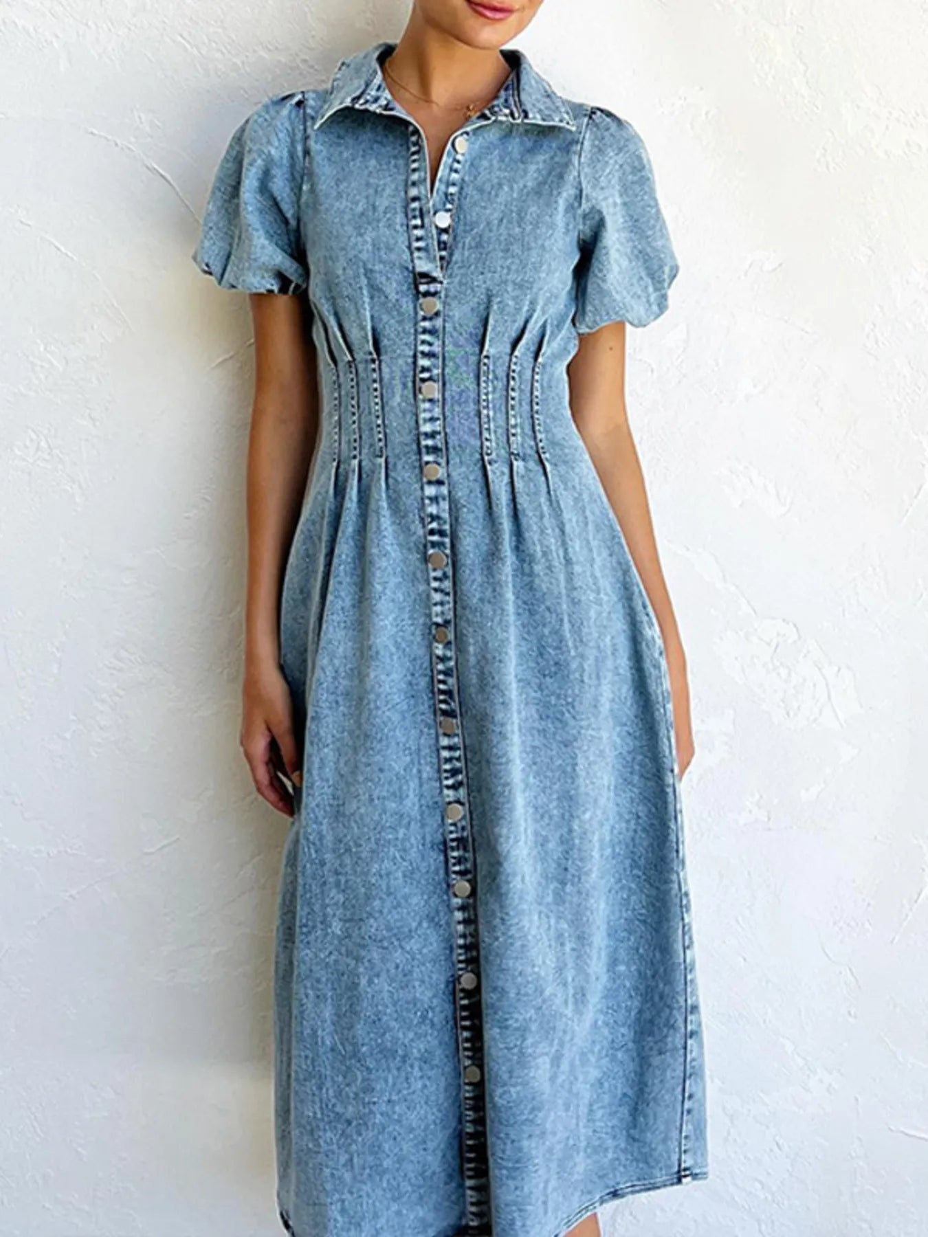 Puff Sleeve Button Front Denim Midi Dress Blue Easy Apparels