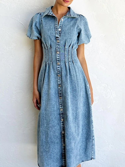 Puff Sleeve Button Front Denim Midi Dress Blue Easy Apparels