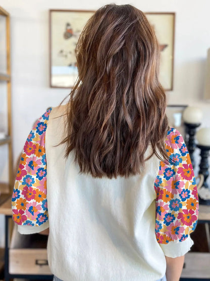 Trendsi Floral Puff Sleeve Round Neck T-Shirt