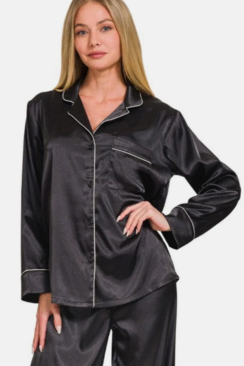 Zenana Satin Long Sleeve Shirt and Pants Pajama Set Easy Apparels