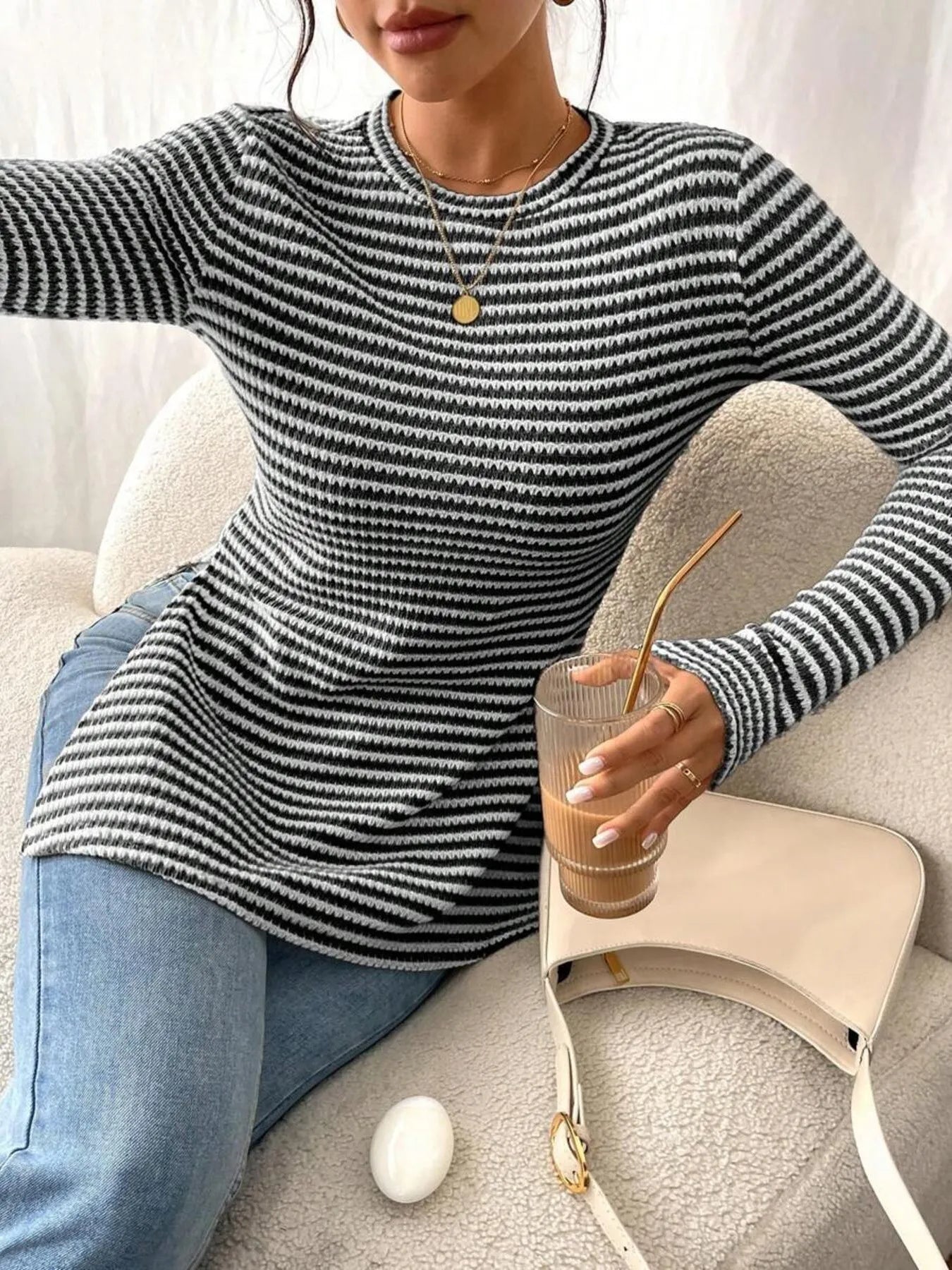 Trendsi Side Slit Striped Long Sleeve T-Shirt Black
