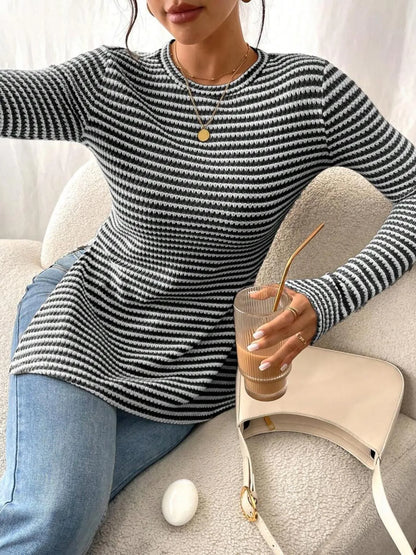Trendsi Side Slit Striped Long Sleeve T-Shirt Black