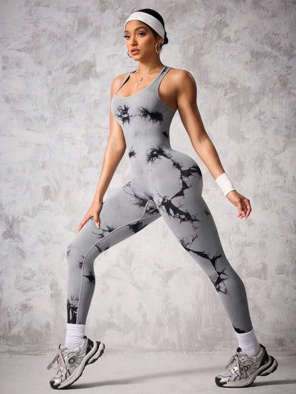 Back Crisscross Tie-Dye Scoop Neck Active Jumpsuit Easy Apparels