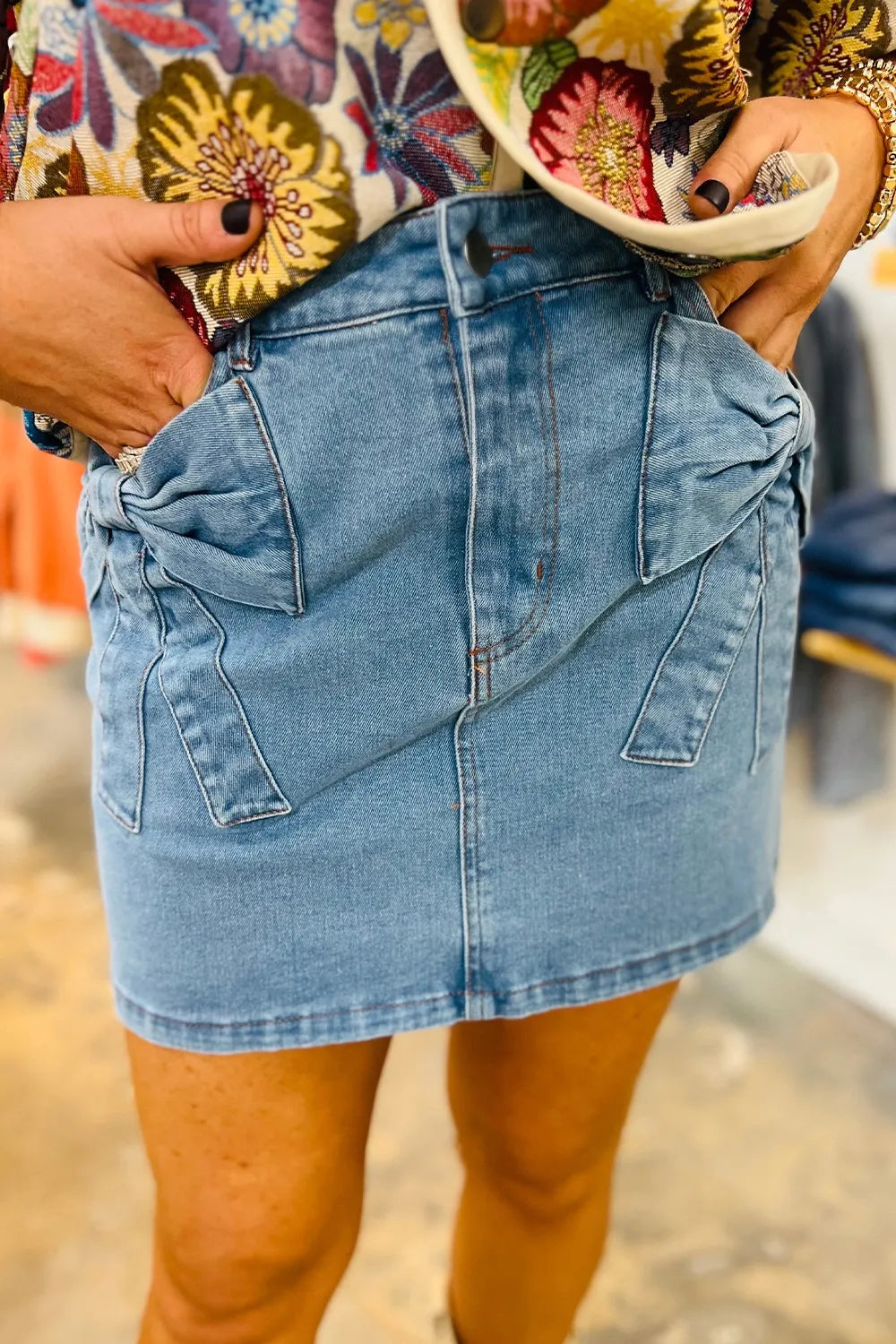 Acid Wash Bowknot Details High Waist Denim Skirt Easy Apparels