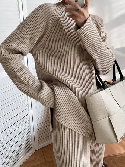 Mock Neck Raglan Sleeve Top and Pants Sweater Set Dust Storm One Size Easy Apparels