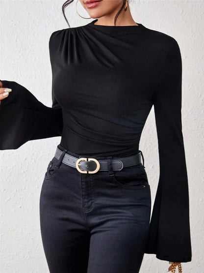 Trendsi Bell Sleeve Ruched Fitted T-Shirt with Mock Neck