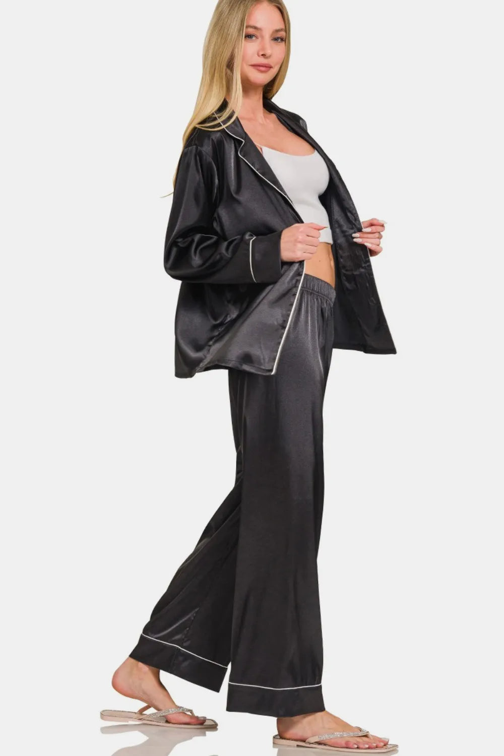 Zenana Satin Long Sleeve Shirt and Pants Pajama Set Easy Apparels