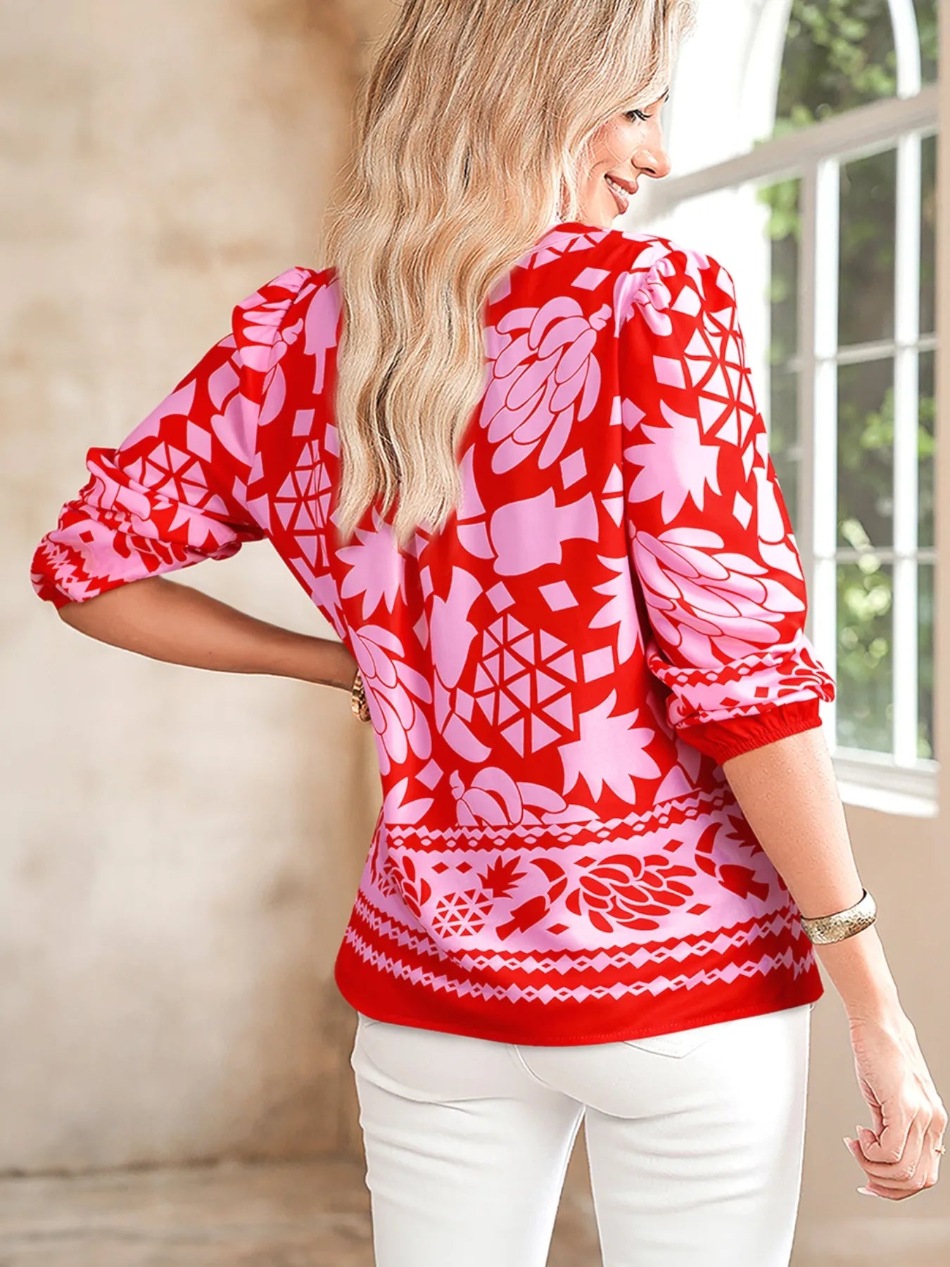 Trendsi Floral Print Tie-Neck Button Down Shirt
