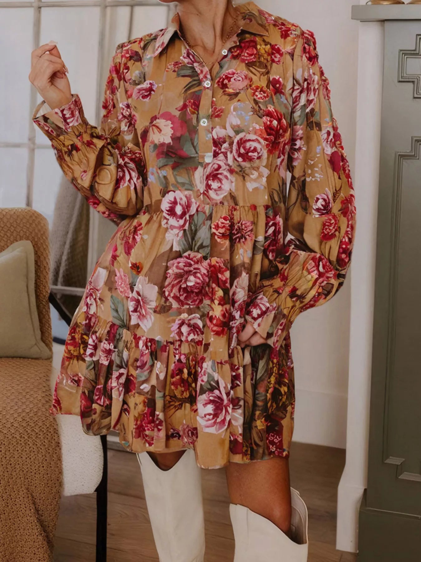 Floral Print Half Button Flounce Sleeve Ruffle Mini Dress Easy Apparels