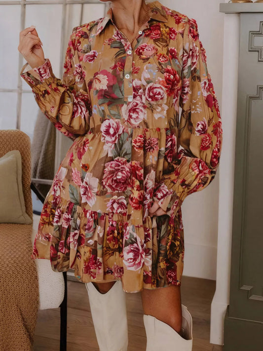 Floral Print Half Button Flounce Sleeve Ruffle Mini Dress Easy Apparels