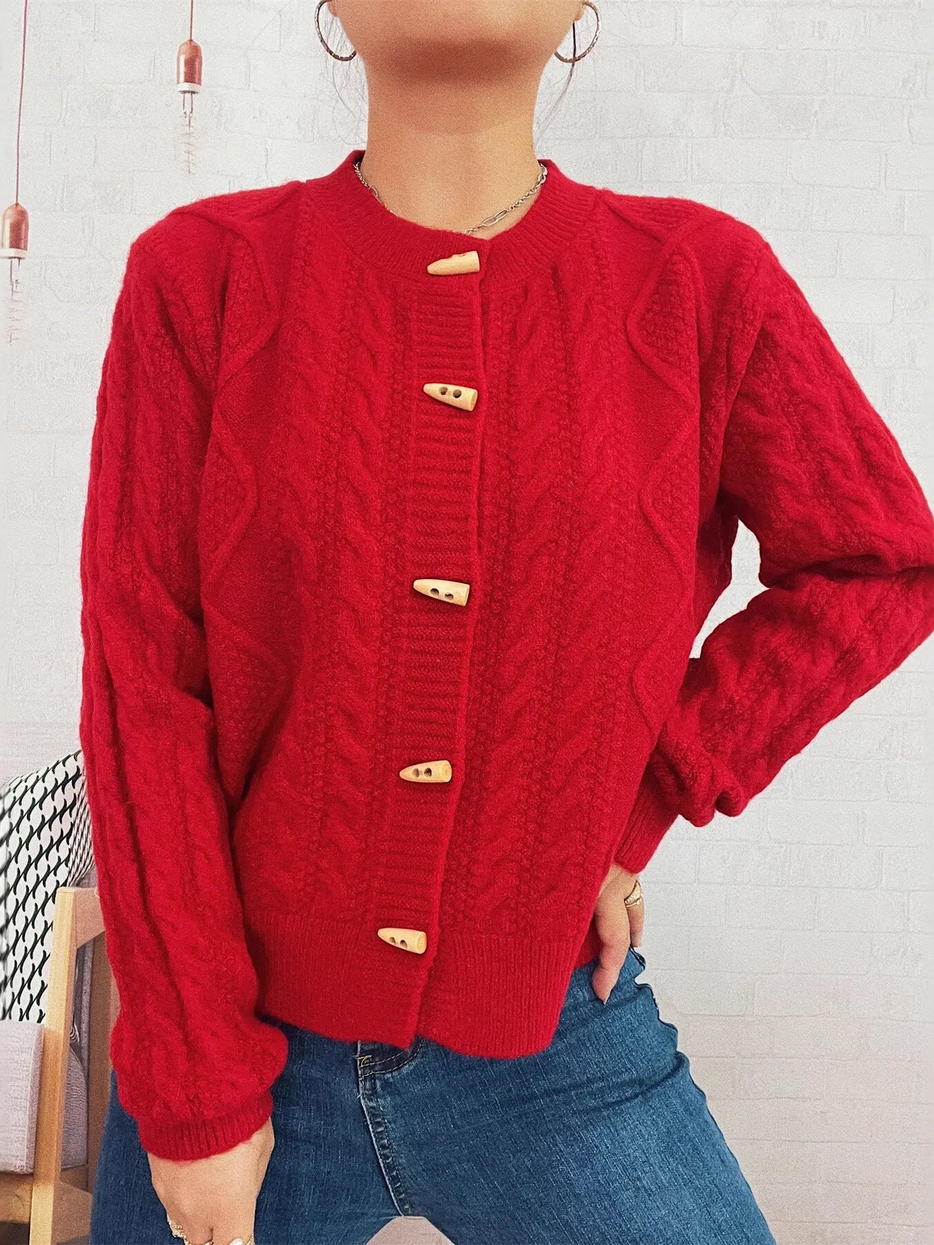 Cable Knit Button-Up Cardigan Easy Apparels
