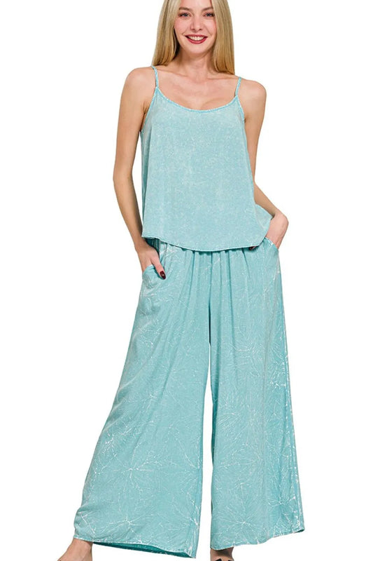 Zenana Woven Acid Crinkle Washed Cami & Pants 2 Piece Set DUSTY TEAL Easy Apparels