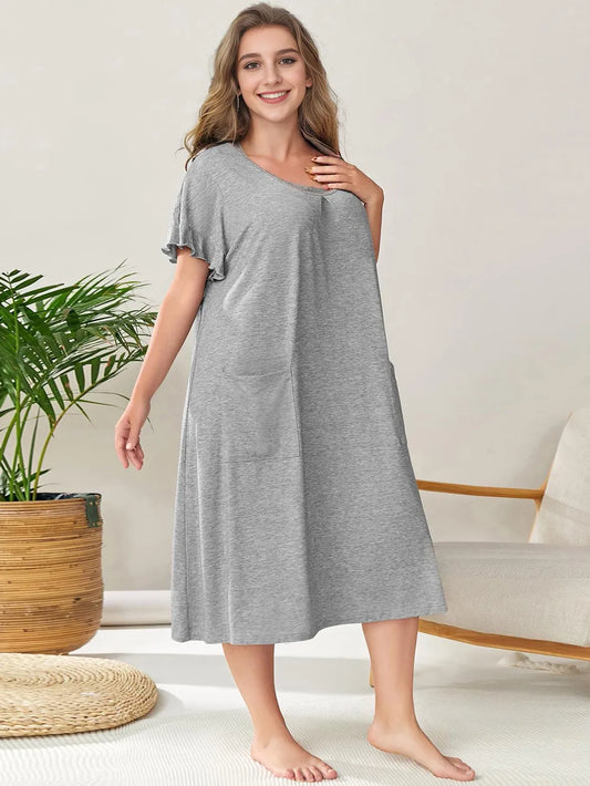 Plus Size Round Neck Short Sleeve Lounge Dress Gray Easy Apparels