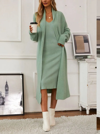 V-Neck Cami Dress and Open Front Cardigan Sweater Set Easy Apparels
