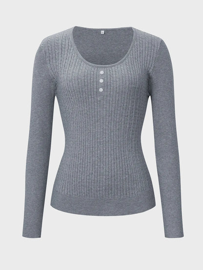 Trendsi Button Detail Long Sleeve Cable Knit Top