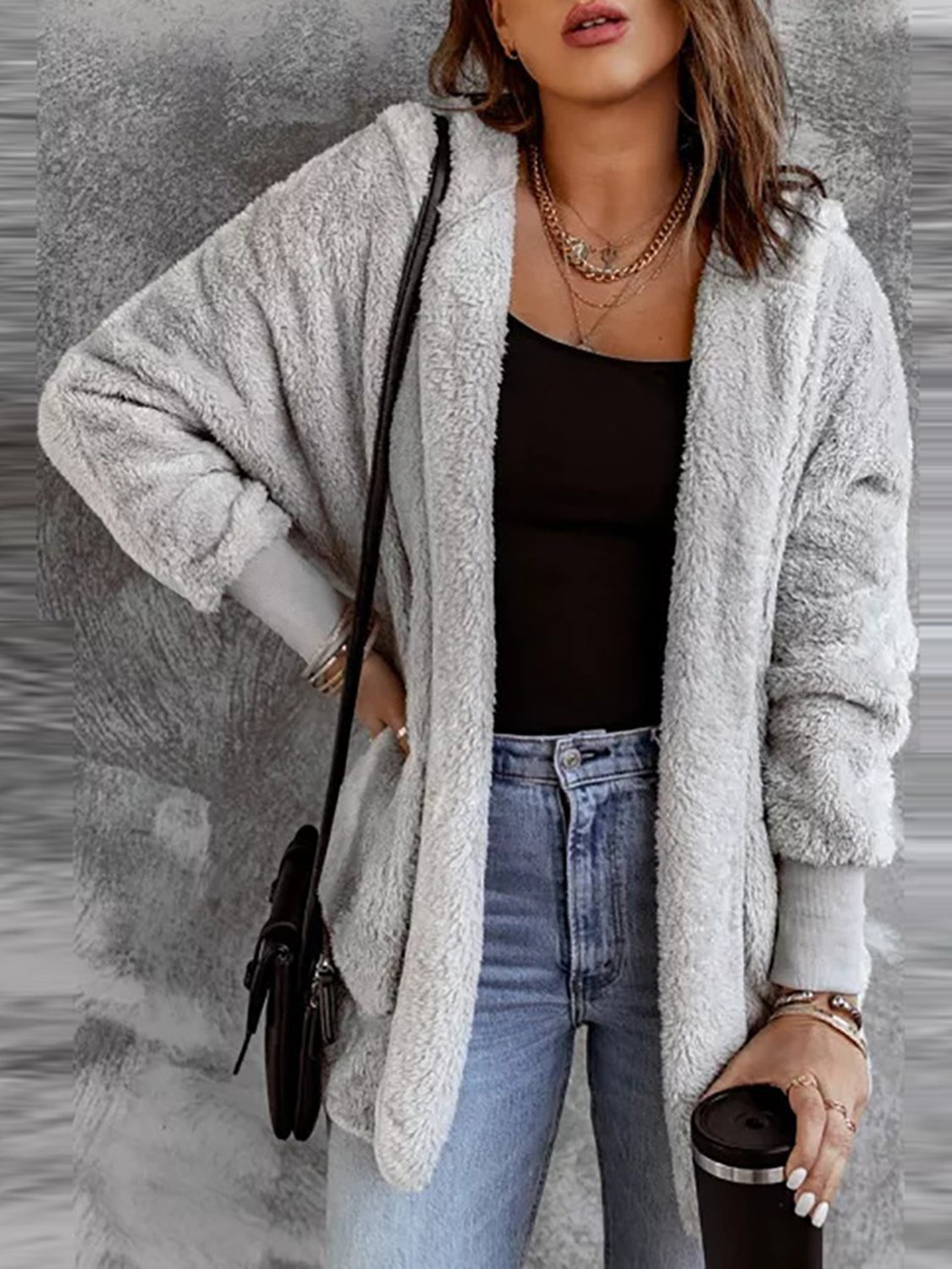 Open Front Hooded Faux Fur Outwear with Pockets Light Gray Easy Apparels